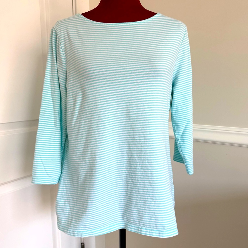 Denim & Co. Aqua striped jersey boatneck neck 3/4 sleeve top size M